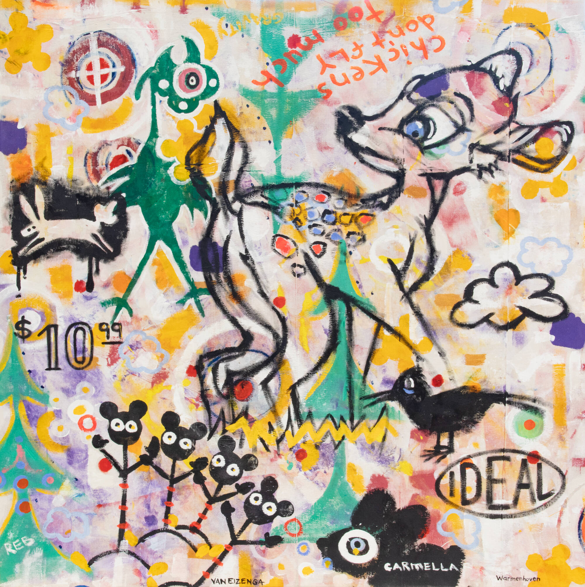 Colorful grafitti-like painting with many small iconographic images like birds, a deer and clouds.